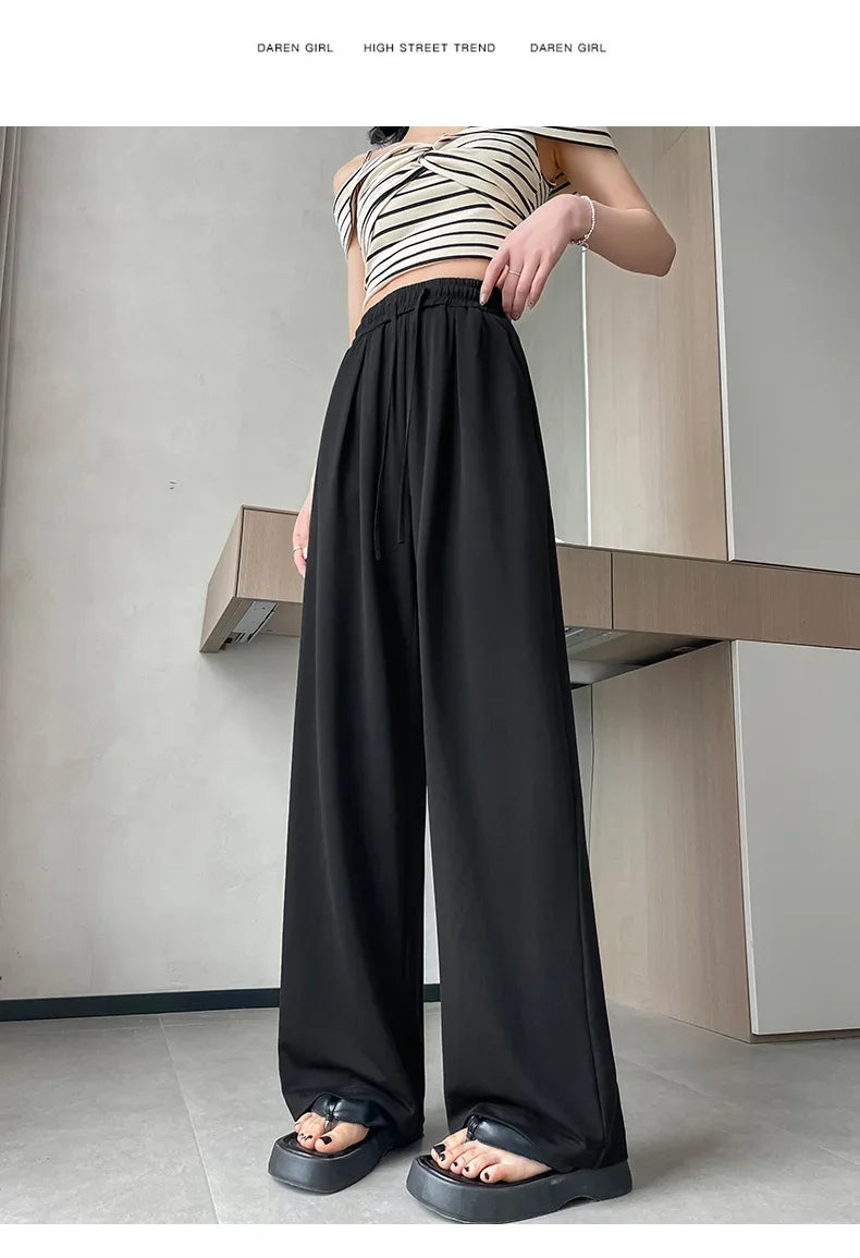 2024 New Summer Women's Casual Pants High Waist Solid Minimalism Loose Floor Length Wide Leg Trousers Female