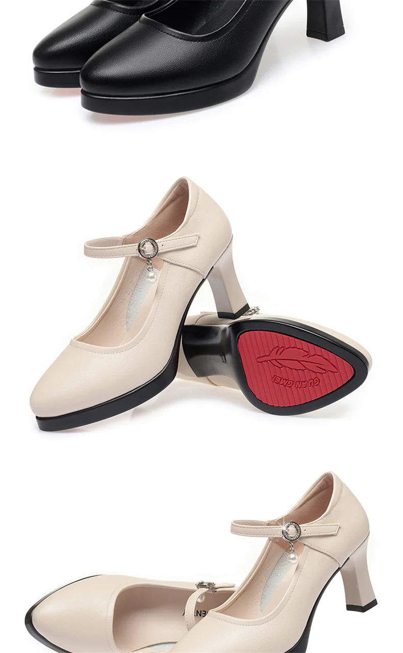 High Heels Comfort Platform Pumps 2024 Spring New Fashion Buckle Solid Black Shoes Woman Soft Leather Waterproof Single Shoes