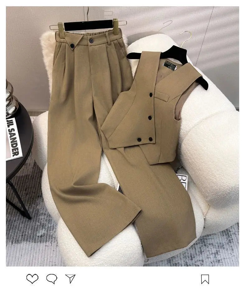 Simple Sleeveless Suit Vest Casual Wide Leg Pants Two-piece Set for Women 2025 New Elegant Suit Set