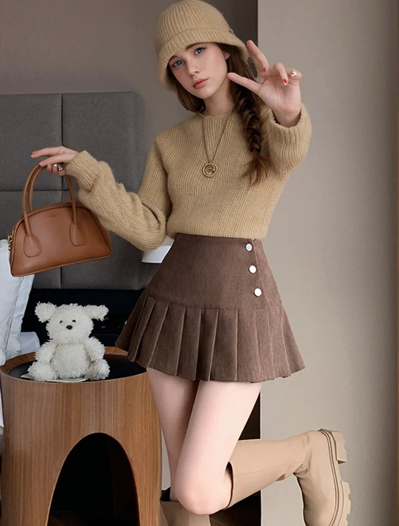 Autumn Winter Vintage Women Pleated Skirt With Button 2024 High Waisted Y2k Casual Cute School Short Skirts Female