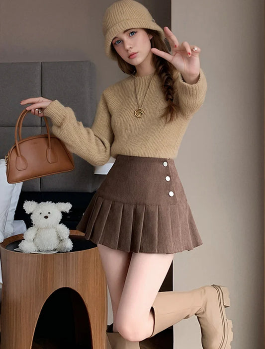 Autumn Winter Vintage Women Pleated Skirt With Button 2024 High Waisted Y2k Casual Cute School Short Skirts Female