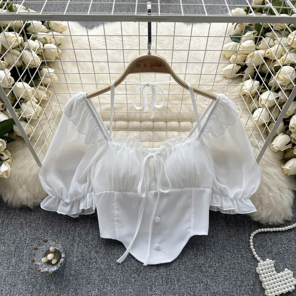 French Chic Halter Blouses Femininas Bow Flare Sleeve Short Tops Dames HighStreet Blusa Mujer Casual Shirts Clothes Dropshipping