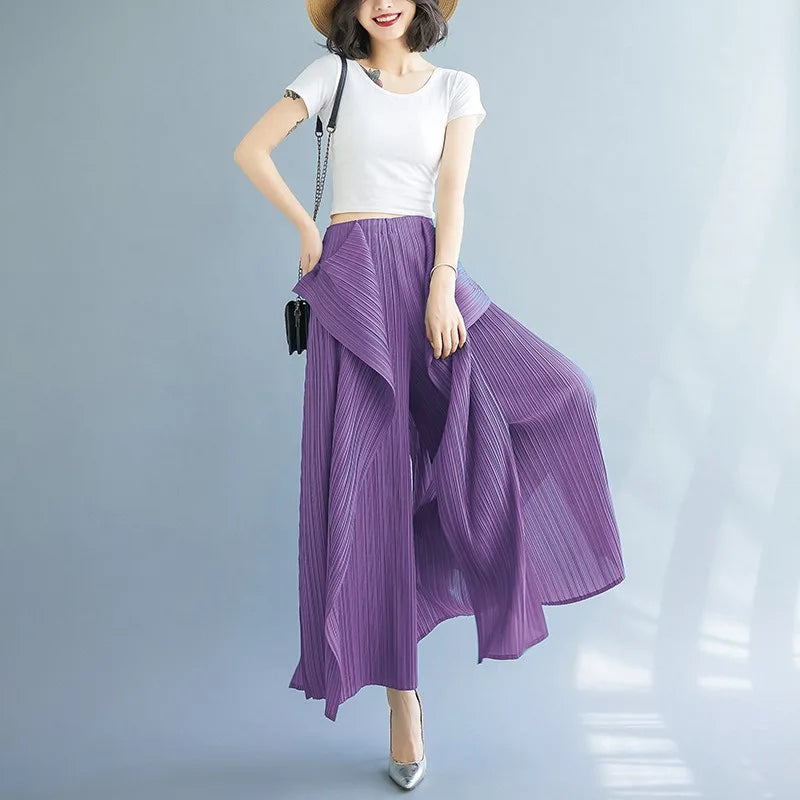 Miyake 2025 New Pleated Pants Irregular Wide-legged Pants Simple Loose Large Size with Elastic Formal Occasions Commuter Women's