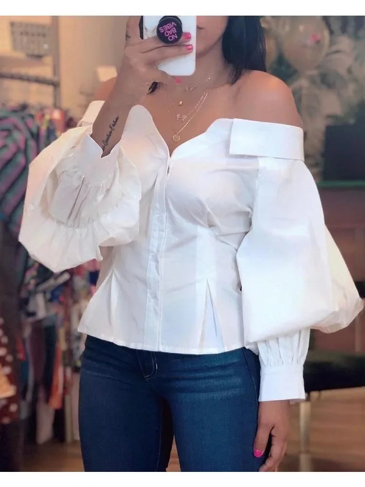 Elegant White Shirts for Women Lantern Sleeve Off Shoulder Top Lady Blosues Long Sleeve Ruched Design Feamel Clothes Spring 2025