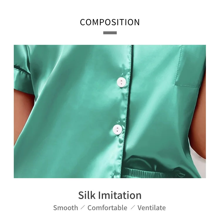 Women's Lapel Neck Sleepshirt Sleepwear Summer Satin Pajamas Set Casual Short Sleeve Buttons Top And Elastic Shorts Lounge Set