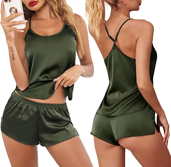 Summer New Ice Silk Spaghetti Strap Sexy Women Pajamas Pure Color Thin Section Fashion Sleepwear