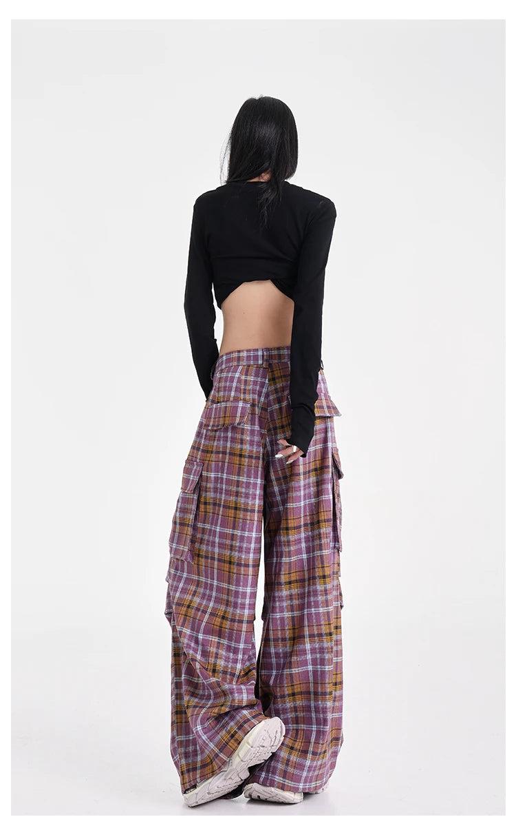 Summer Women Harajuku Fashion Plaid Pants Vintage Y2k Japanese Streetwear 2000s Baggy Pantalones Loose Casual Long Trousers Kpop