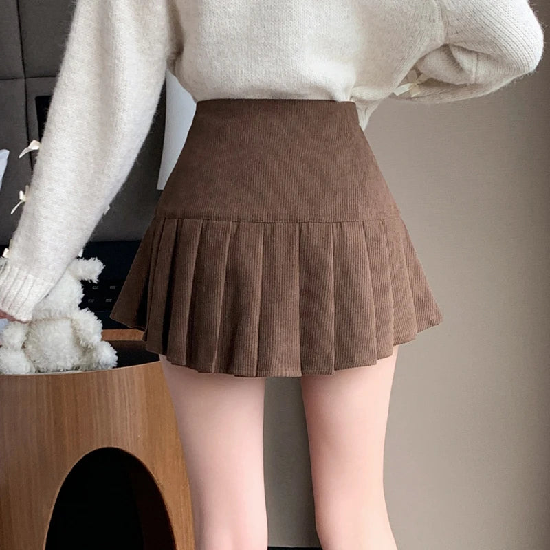 Autumn Winter Vintage Women Pleated Skirt With Button 2024 High Waisted Y2k Casual Cute School Short Skirts Female