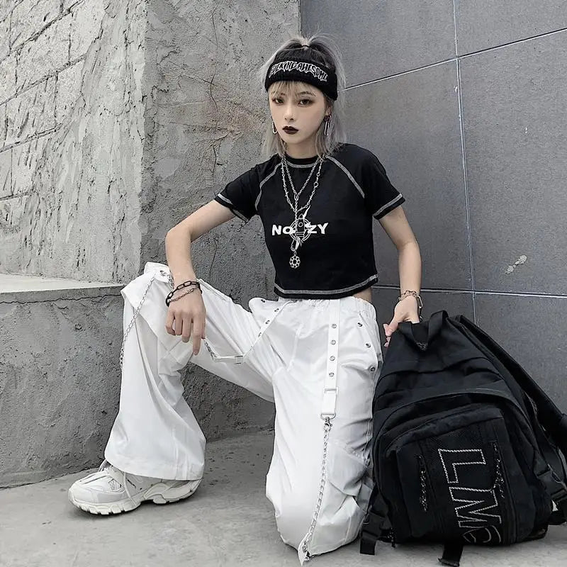 Women Trendy Vintage Casual Streetwear Pocket Cargo Pants Y2K Female High Waist White Hip Hop Loose Trousers Straight Pantalones