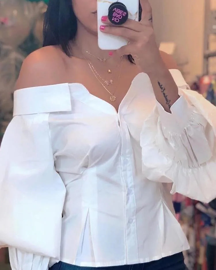 Elegant White Shirts for Women Lantern Sleeve Off Shoulder Top Lady Blosues Long Sleeve Ruched Design Feamel Clothes Spring 2025