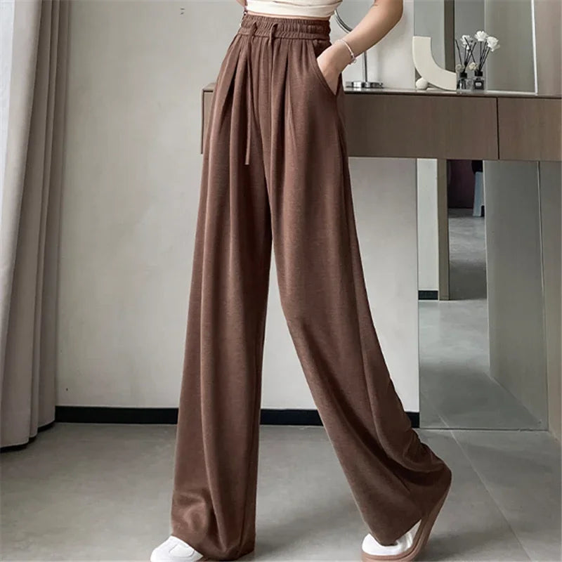 2024 New Summer Women's Casual Pants High Waist Solid Minimalism Loose Floor Length Wide Leg Trousers Female