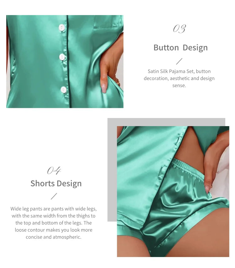 Women's Lapel Neck Sleepshirt Sleepwear Summer Satin Pajamas Set Casual Short Sleeve Buttons Top And Elastic Shorts Lounge Set