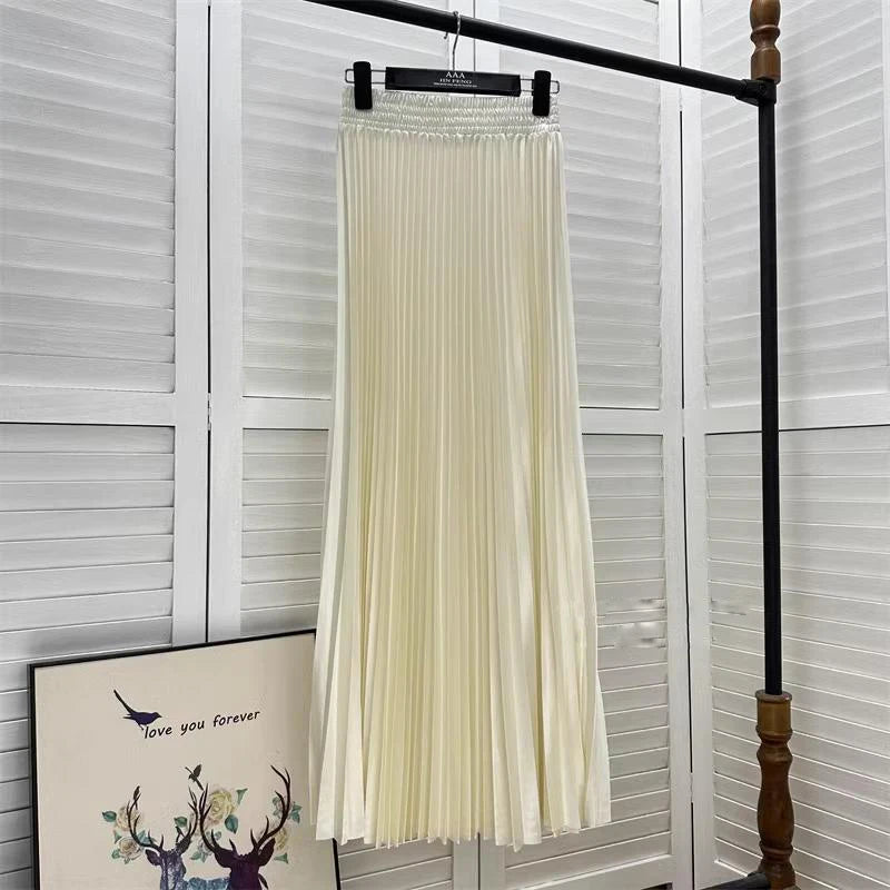 98cm Basics Maxi Pleated Skirt for Women New Korean Casual All-match Solid A Line High Waist Long Maxi Skirt Female