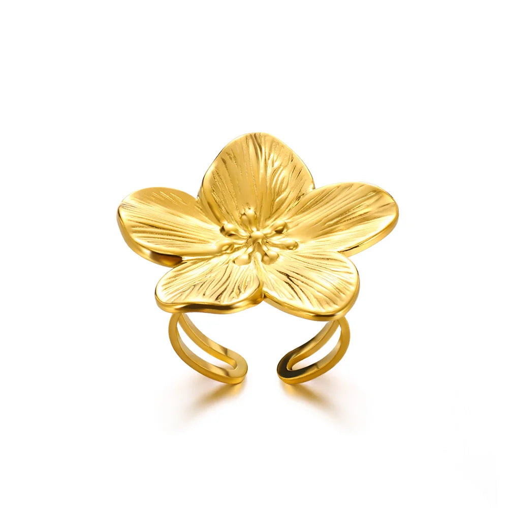 Elegant Stainless Steel Big Bloom Flower Rings For Women Gold Color New Style Open Rings Finger Jewelry Wedding Her Gift Punk