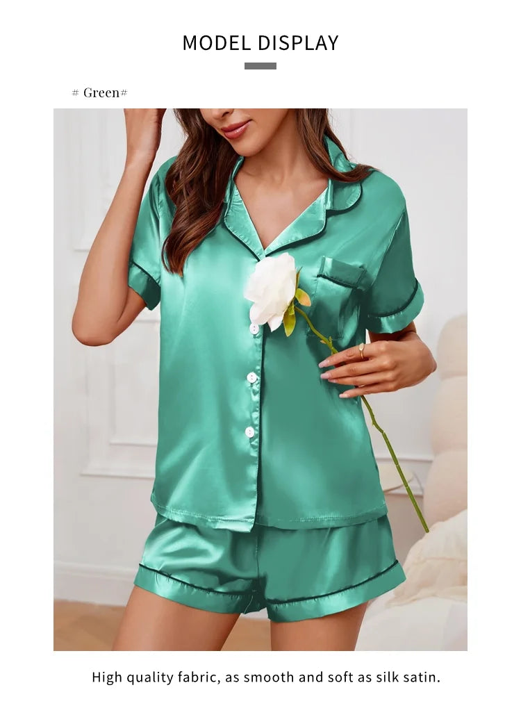 Women's Lapel Neck Sleepshirt Sleepwear Summer Satin Pajamas Set Casual Short Sleeve Buttons Top And Elastic Shorts Lounge Set