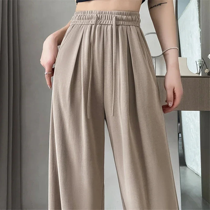 2024 New Summer Women's Casual Pants High Waist Solid Minimalism Loose Floor Length Wide Leg Trousers Female