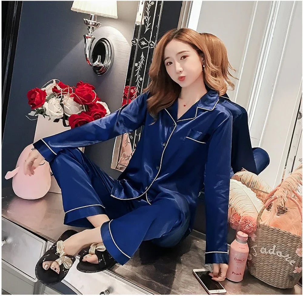 2024 New M-5XL Solid Women‘s Pajamas Elegant Classic Fashion Casual Female Sleepwear Spring Fall Long Sleeve Pants House Clothes