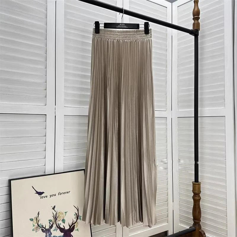 98cm Basics Maxi Pleated Skirt for Women New Korean Casual All-match Solid A Line High Waist Long Maxi Skirt Female