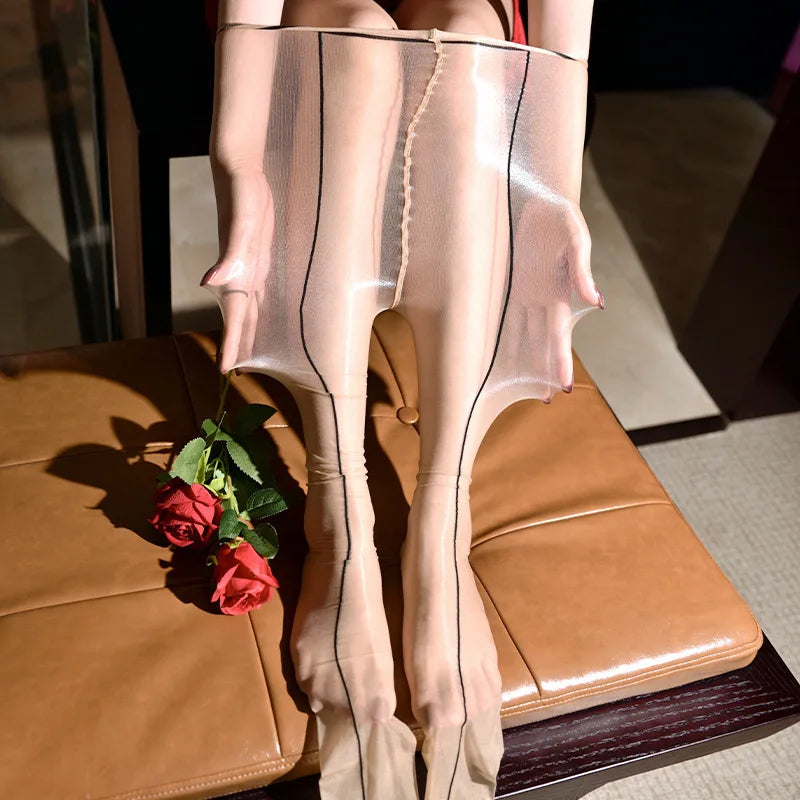 Sexy Women  Oil  Shiny Stockings Open Crotch Hollow Out Transparent Pantyhose Ladies Erotic Lingerie Super Thin Tight