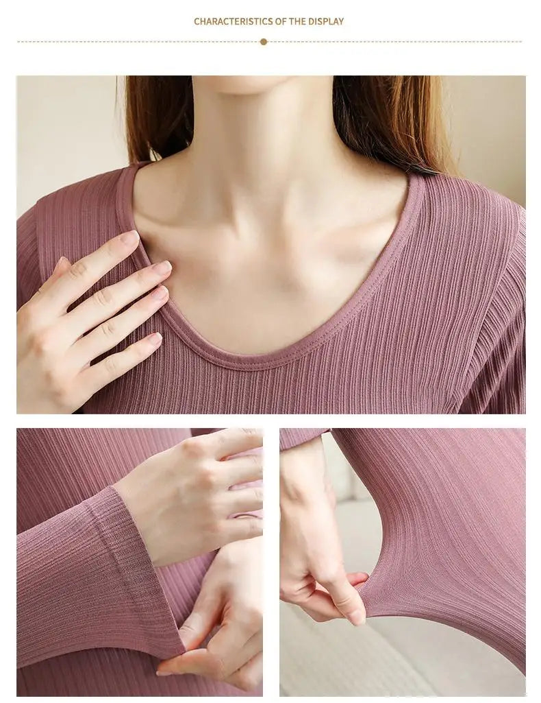 FINETOO 2 Pieces Women Thermal Underwear Sexy Long Sleeve Winter Clothes Seamless Thermal Intimate Set Ladies Thick Sleepwear