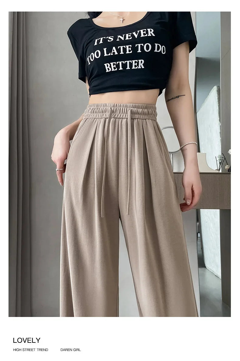 2024 New Summer Women's Casual Pants High Waist Solid Minimalism Loose Floor Length Wide Leg Trousers Female