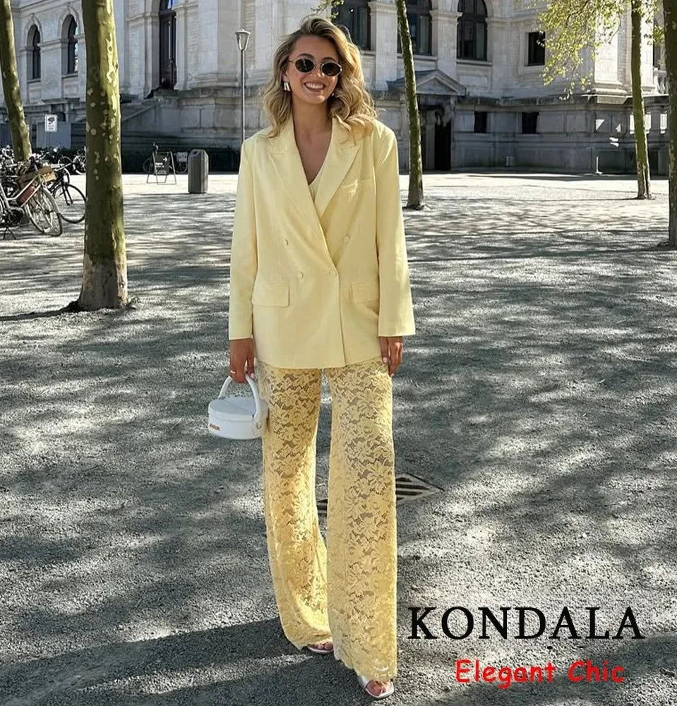 KONDALA Elegant Yellow Blazer Women's Double-breasted Lapel Blazer Fashion High Street 2025 Spring Summer Holidays Commute Suit