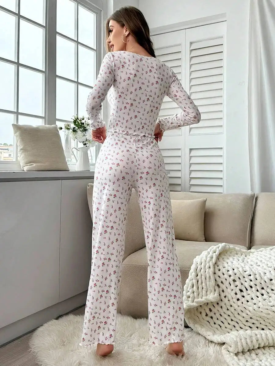 New Women Soft Comfortable sexy Floral Print Pajama Set Long Sleeve Top and Pants Loungewear Sleepwear Two Piece Set Homewear