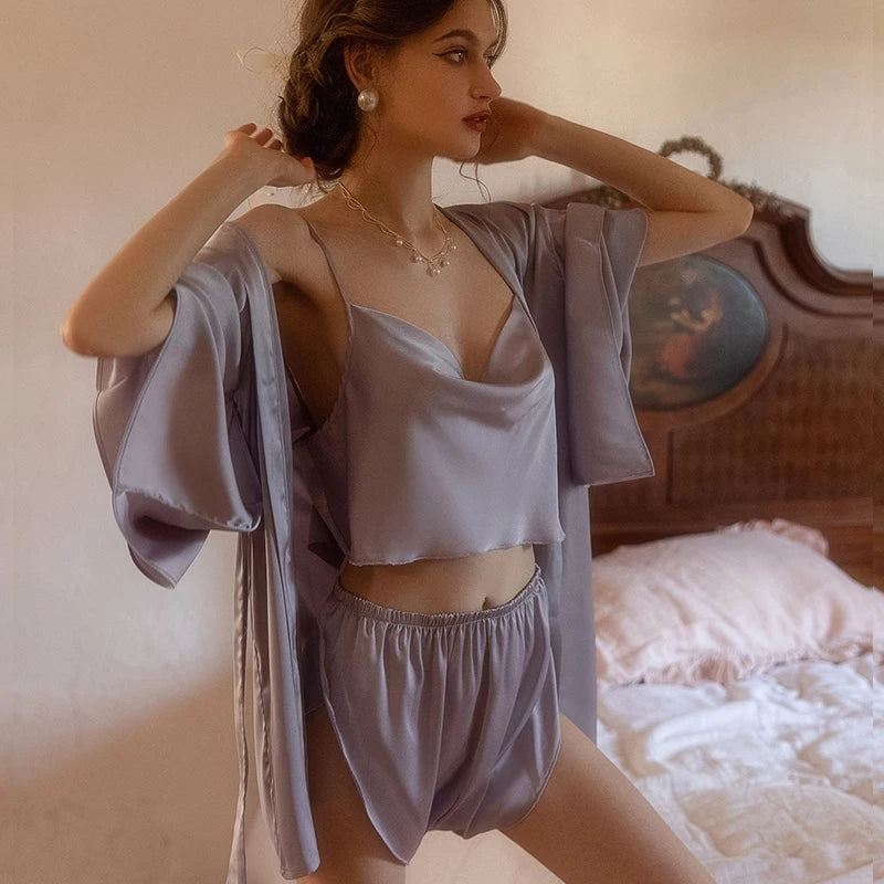 White Sleep Tops and Shorts 2pcs Underwear Set Summer Women's Pajamas Flirting Celebrity Swinging Collar Ice Silk Loungewear Set