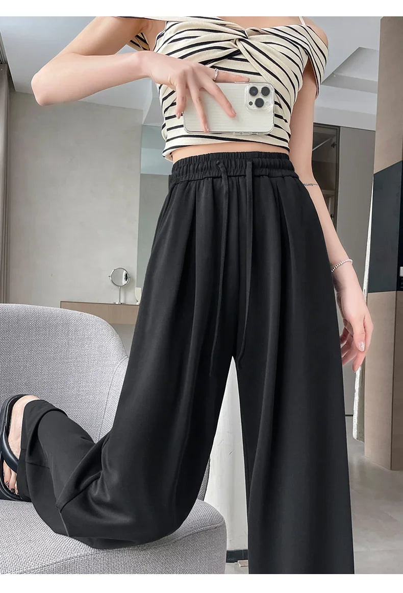 2024 New Summer Women's Casual Pants High Waist Solid Minimalism Loose Floor Length Wide Leg Trousers Female