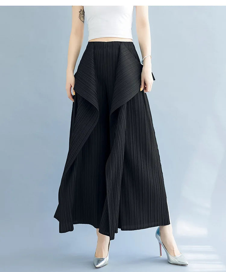 Miyake 2025 New Pleated Pants Irregular Wide-legged Pants Simple Loose Large Size with Elastic Formal Occasions Commuter Women's