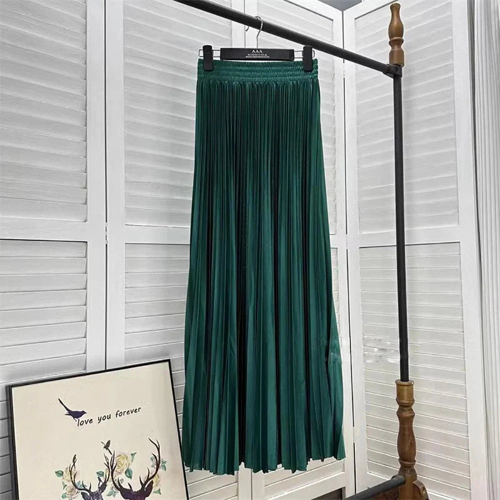 98cm Basics Maxi Pleated Skirt for Women New Korean Casual All-match Solid A Line High Waist Long Maxi Skirt Female