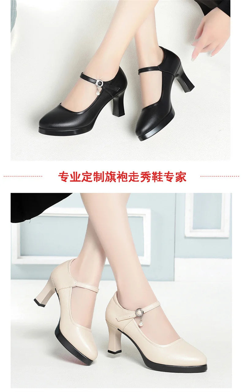 High Heels Comfort Platform Pumps 2024 Spring New Fashion Buckle Solid Black Shoes Woman Soft Leather Waterproof Single Shoes