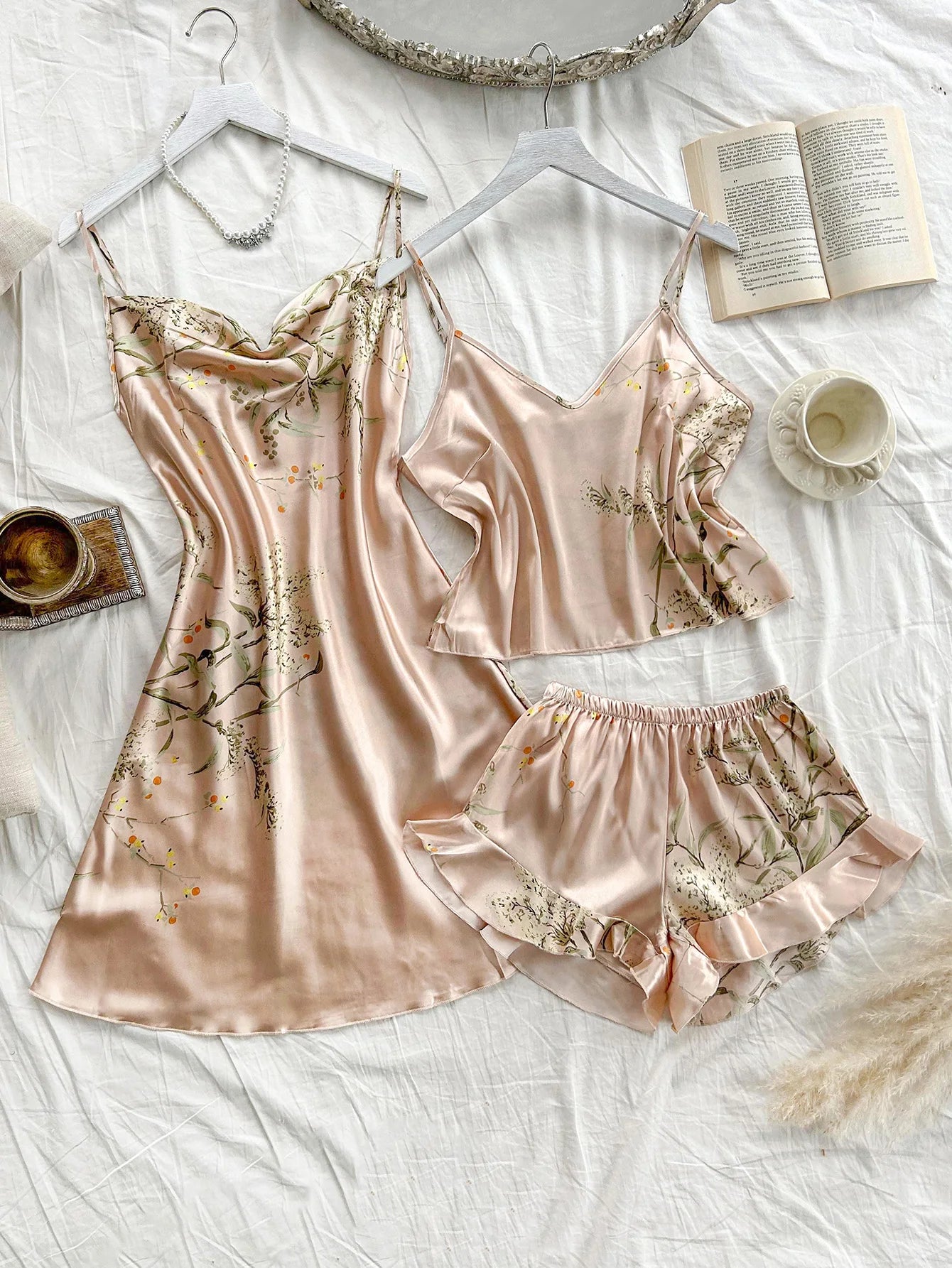 Women's Cherry Print Pajamas Sexy Fashion Halter Dress 3 Piece Women's Pajamas Set