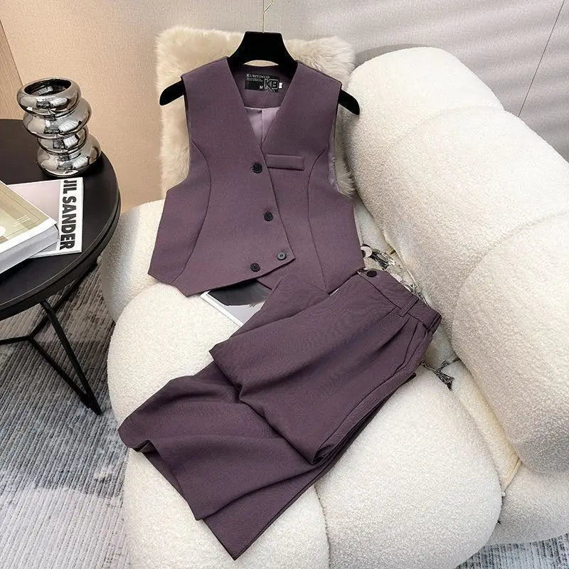 Simple Sleeveless Suit Vest Casual Wide Leg Pants Two-piece Set for Women 2025 New Elegant Suit Set