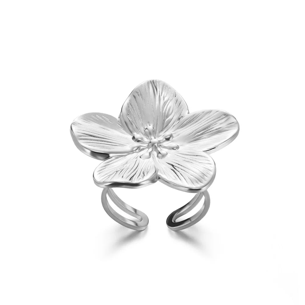 Elegant Stainless Steel Big Bloom Flower Rings For Women Gold Color New Style Open Rings Finger Jewelry Wedding Her Gift Punk