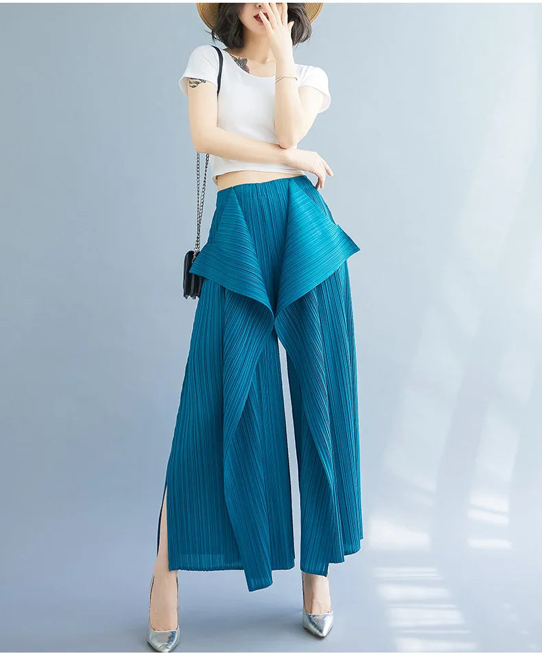 Miyake 2025 New Pleated Pants Irregular Wide-legged Pants Simple Loose Large Size with Elastic Formal Occasions Commuter Women's