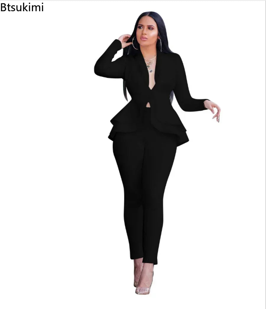 2025 Women's Formal Set 2PCS Tracksuit Full Sleeve Ruffles Blazers Pencil Pants Suit Two Piece Set Office Lady Outfits Uniform