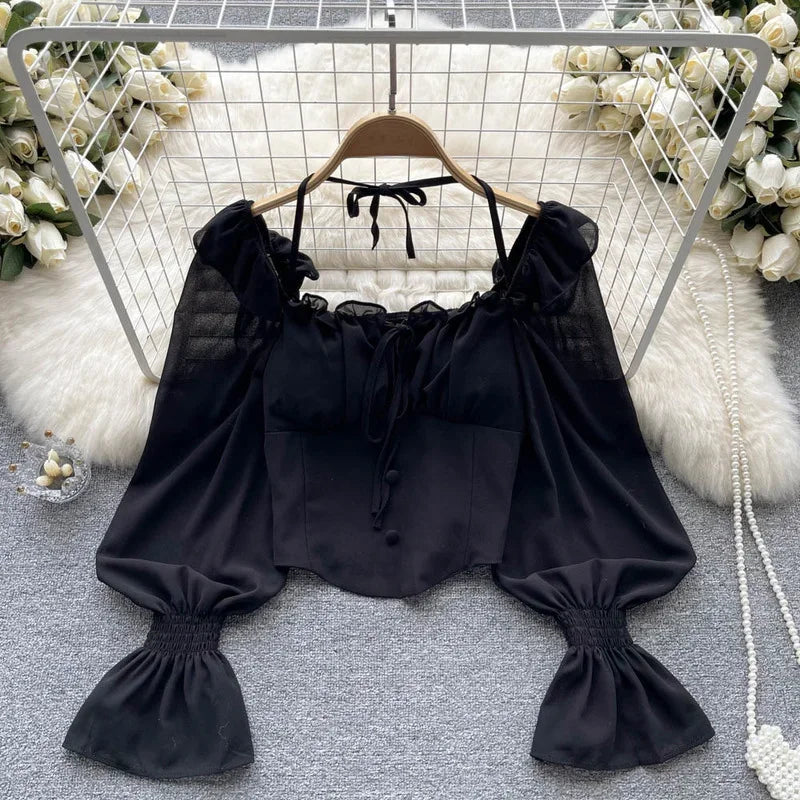 French Chic Halter Blouses Femininas Bow Flare Sleeve Short Tops Dames HighStreet Blusa Mujer Casual Shirts Clothes Dropshipping