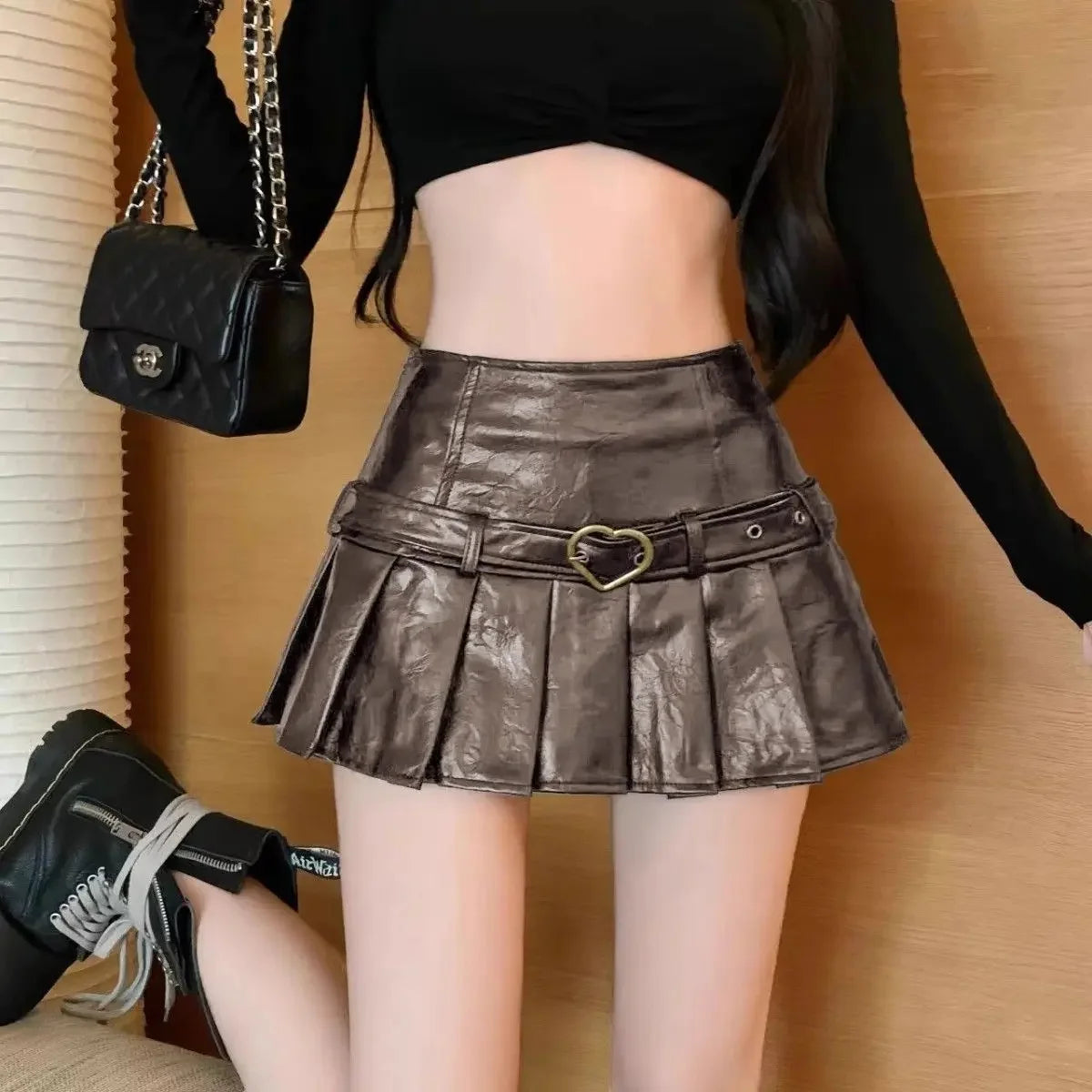 Vintage High-Waisted PU Leather Mini Dress Slimming American Style Sexy Pleated Skirt Autumn/Winter New Arrival