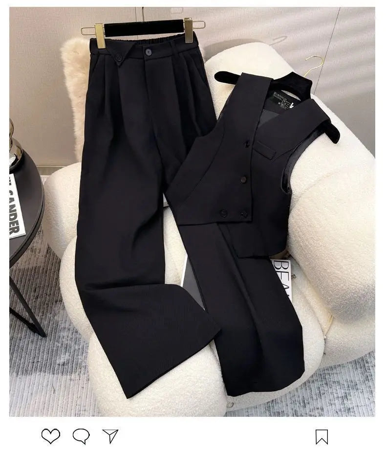 Simple Sleeveless Suit Vest Casual Wide Leg Pants Two-piece Set for Women 2025 New Elegant Suit Set