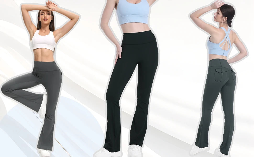 Women's High Waisted Flared Yoga Pants with Pockets Tummy Control Bootcut Leggings for Gym Fitness Casual Wear