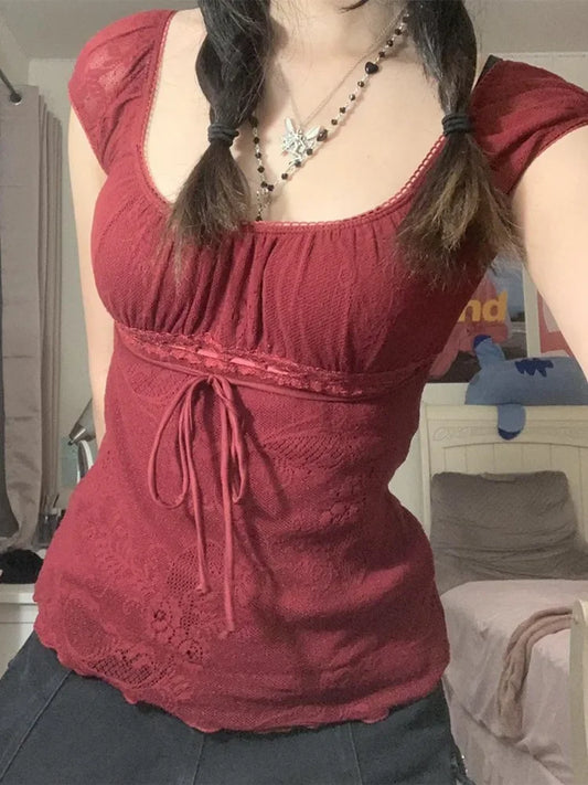 Women Summer Y2K Aesthetic Tops Lace Trim Cap Sleeve Low Cut Shirts Vintage Casual Sexy Tops and Blouses Female