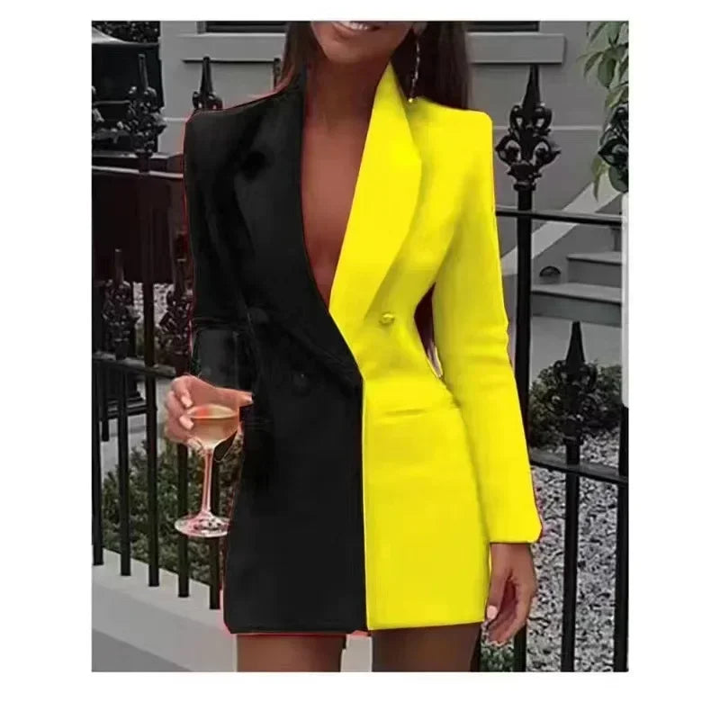 Women Blazer Elegant Office Lady Suit Thin Spring V-neck Female Long Sleeve New Patchwork Slim OL Double Breasted Dress Coat