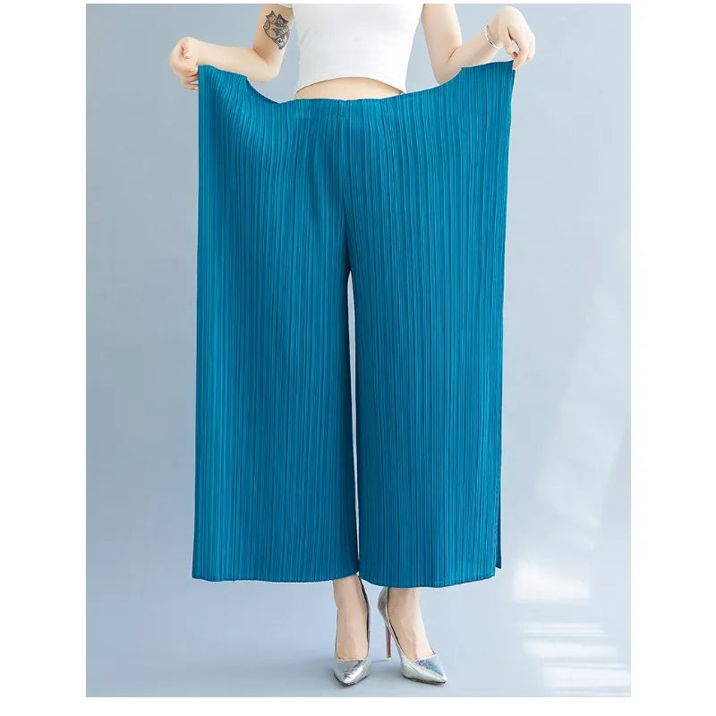 Miyake 2025 New Pleated Pants Irregular Wide-legged Pants Simple Loose Large Size with Elastic Formal Occasions Commuter Women's
