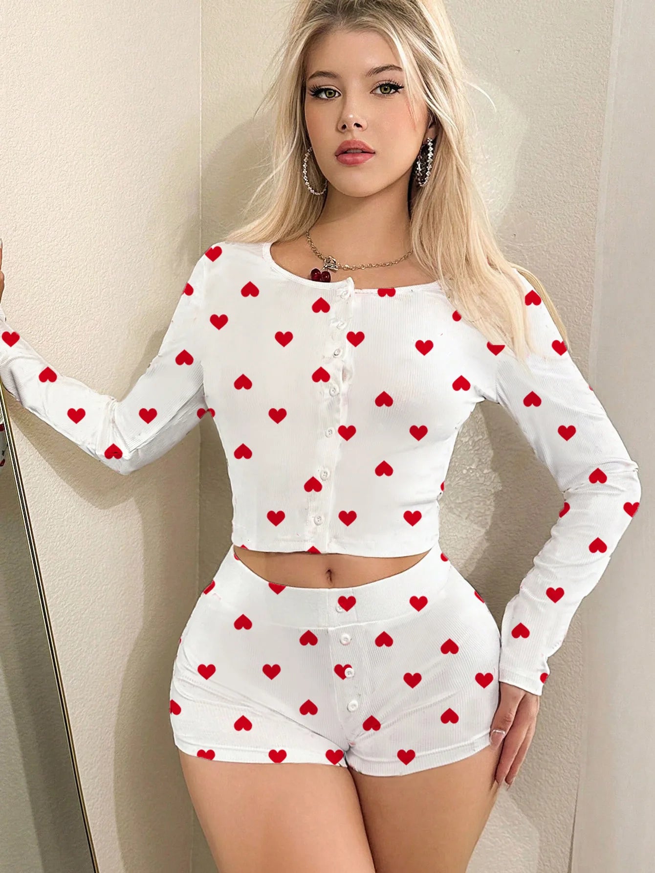 Women's Pajamas Set Cute Heart Print Soft Button Cardigan Long-sleeved Shorts Stretchy Comfortable Sleepwear Homewear