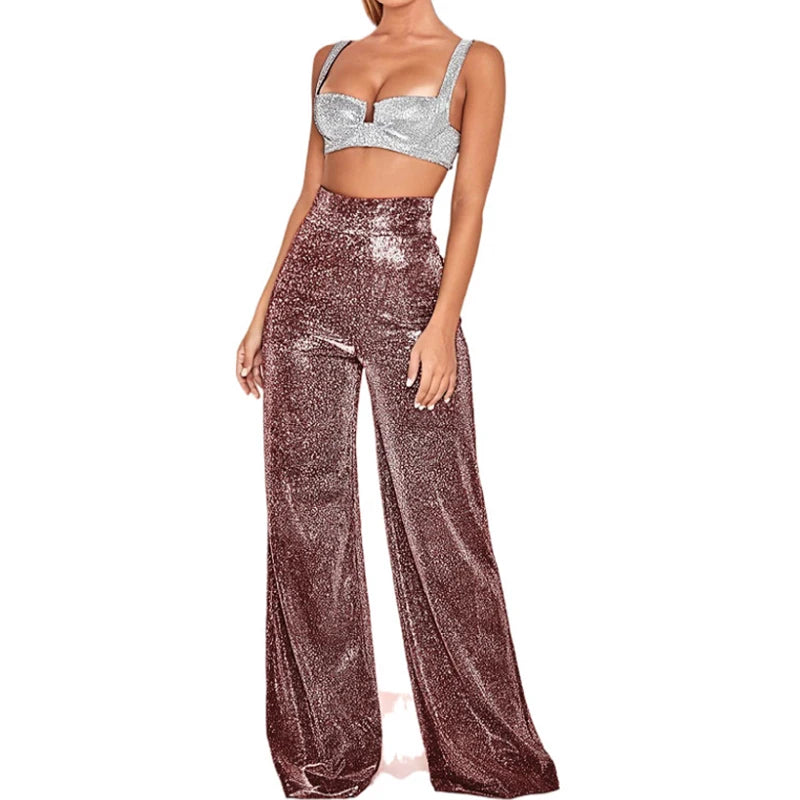 Metallic Sparkly Wide Leg Pants Women Elastic High Waist Glitter Sequin Palazzo Pants Casual Loose Party Clubwear Long Trousers