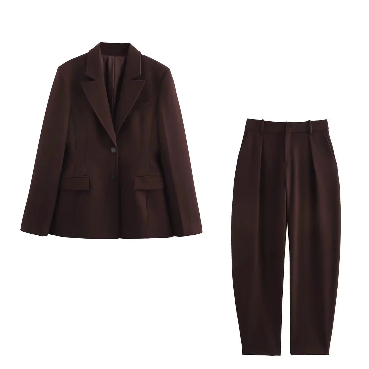 KONDALA 2025 Fall Winter Brown Elegant Office Lady Suits Fashion Shrug Pockets Blazers Elegant Zipper Skirts Chic Baggy Pants