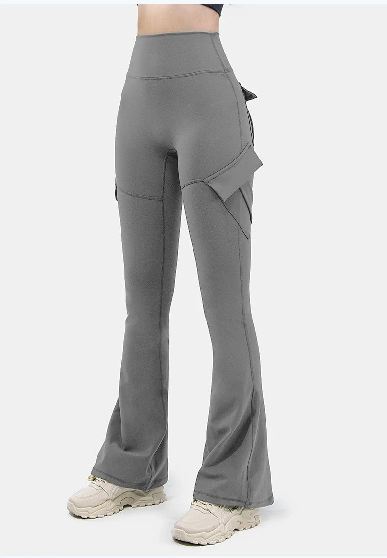 New Women Casual Bootleg Yoga Pants Plus Size Workout Flare Leggings High Waist dungarees  Pants with Pockets Sports Wear