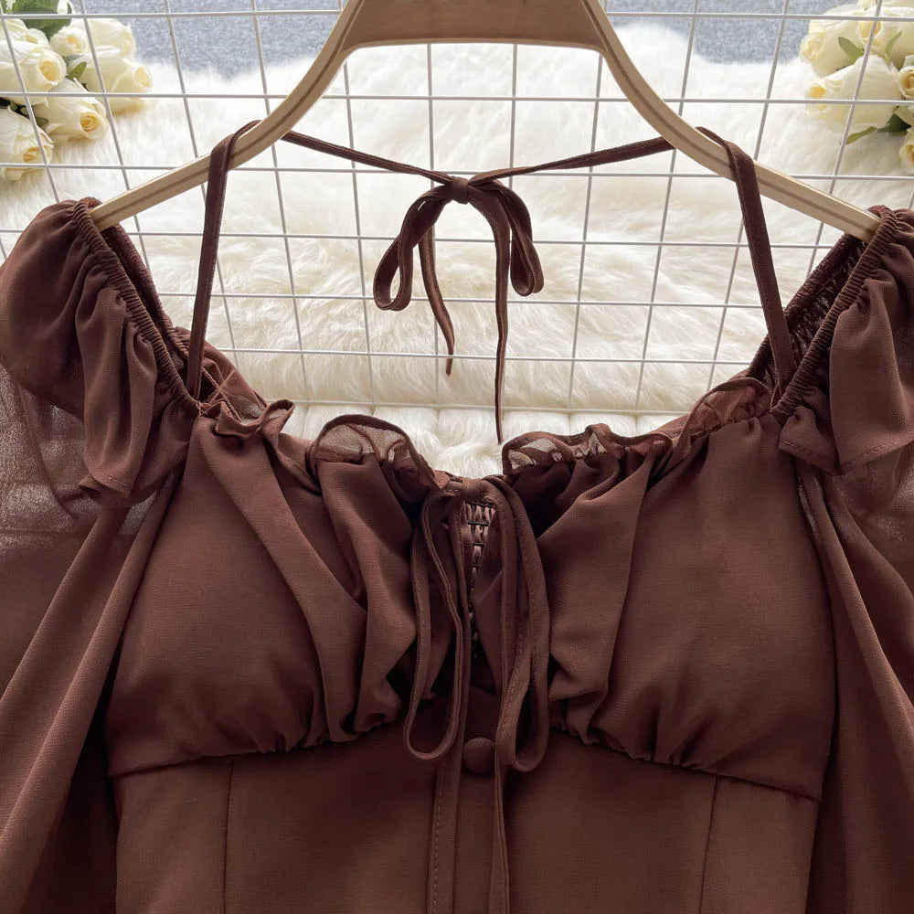 French Chic Halter Blouses Femininas Bow Flare Sleeve Short Tops Dames HighStreet Blusa Mujer Casual Shirts Clothes Dropshipping