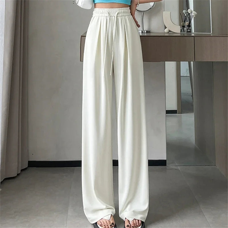 2024 New Summer Women's Casual Pants High Waist Solid Minimalism Loose Floor Length Wide Leg Trousers Female